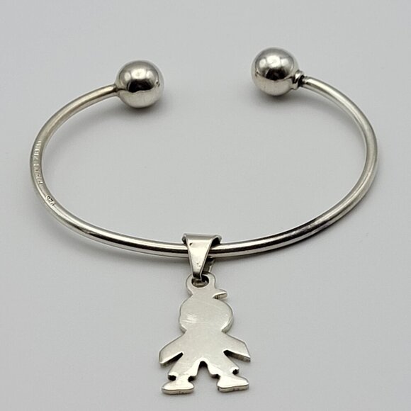 Vintage Signed 925 Silver Figural Boy Dangle Charm Open Cuff Bracelet 7 Inch - Picture 1 of 6